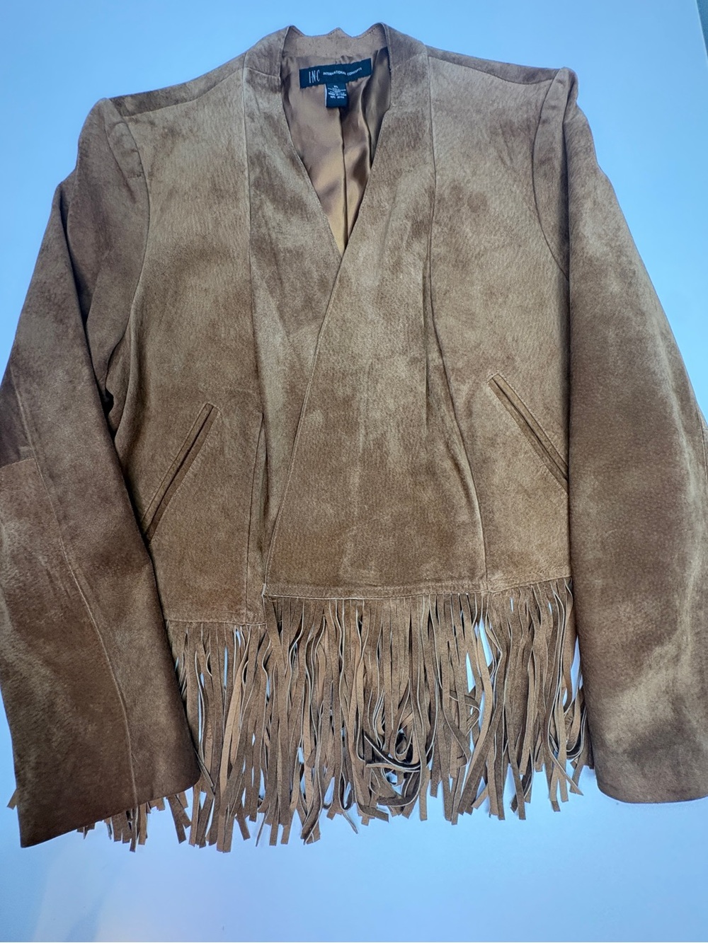 INC International Concepts Western brown 100% Suede Leather Fringe Jacket